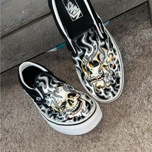 Vans Black and White Flame Skull Sneakers